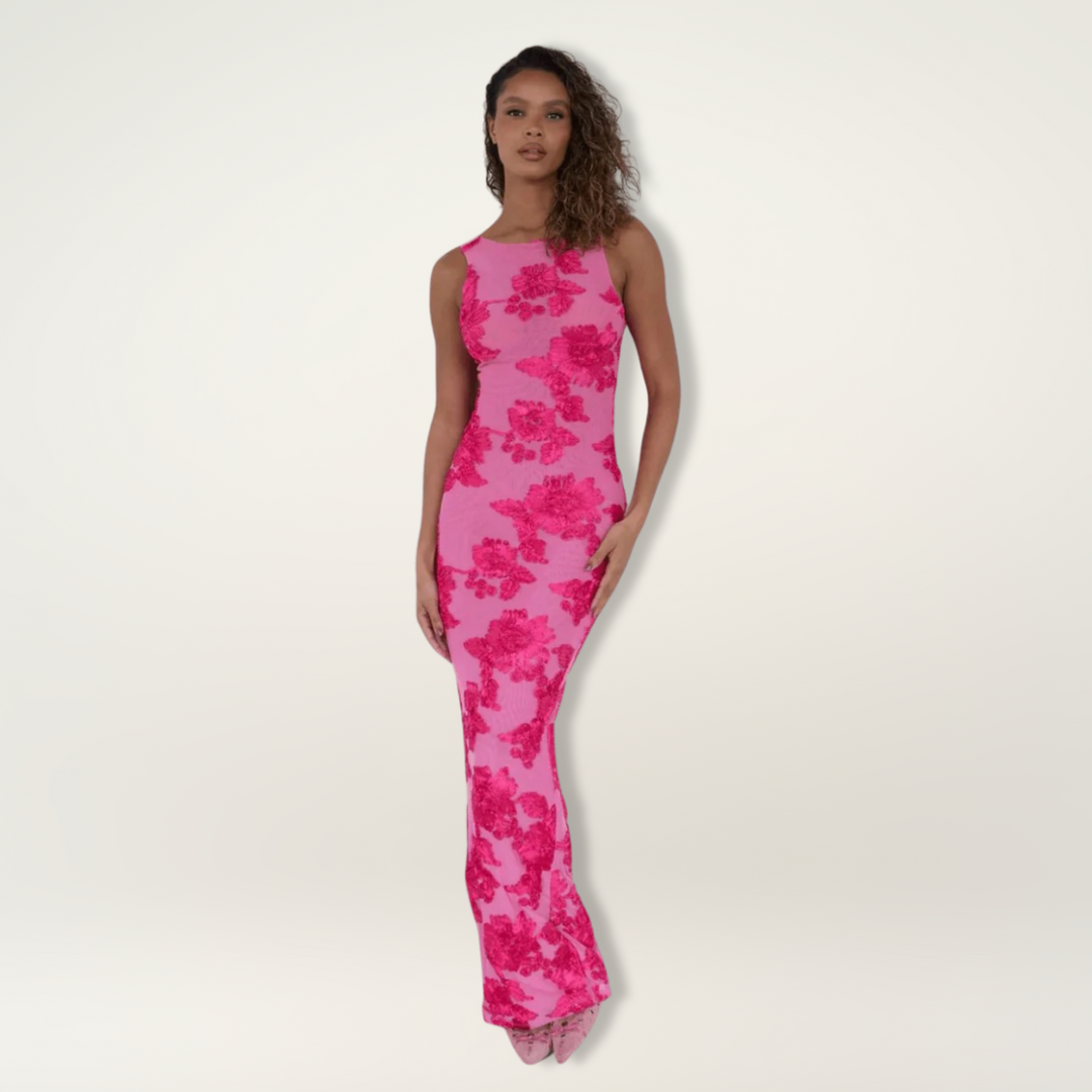 Elegant women's pink floral high-neck maxi dress, perfect for wedding guests & formal occasions.