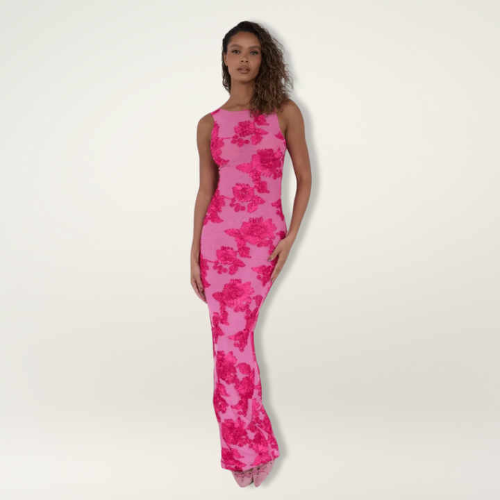 Elegant women's pink floral high-neck maxi dress, perfect for wedding guests & formal occasions.