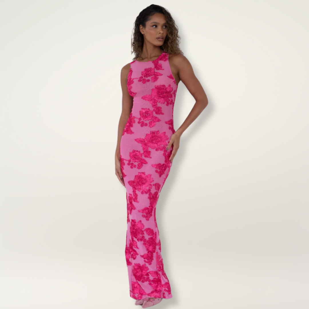 High-neck floral maxi column dress, ideal for women attending a wedding or special event.