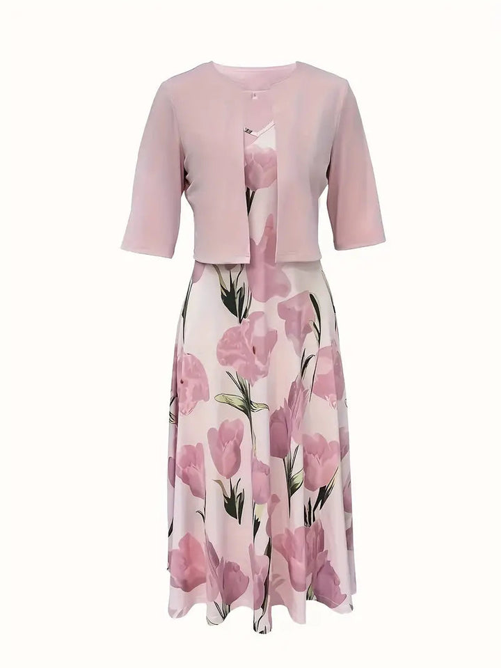 Beautiful women's pink floral maxi dress and matching 3/4 sleeve jacket, a versatile two-piece summer outfit.