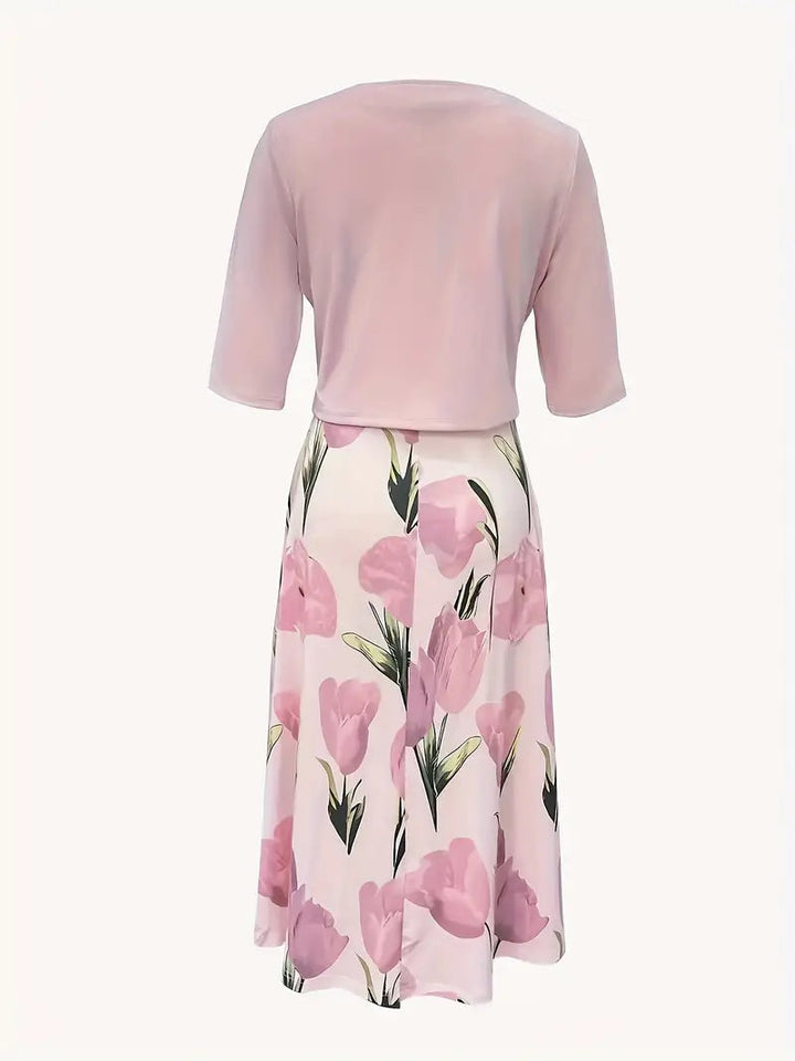 Stylish women's two-piece floral maxi dress set with 3/4 sleeve jacket for elegant spring & summer fashion.
