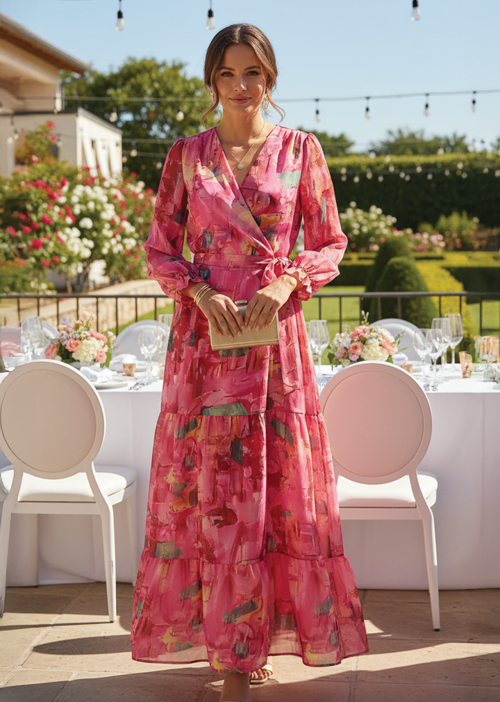 Elegant women's pink floral wrap maxi dress. Perfect for summer, parties, or wedding guests. Boho chic style.