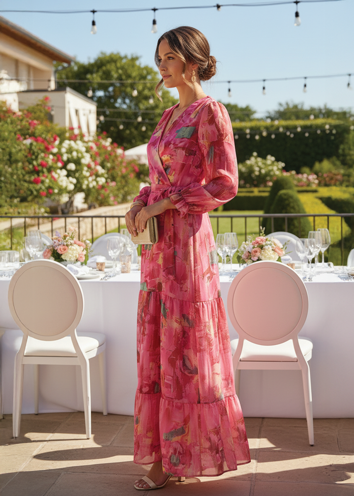 Pink floral wrap maxi dress for women, featuring a flattering silhouette and vibrant flower pattern. Summer fashion.