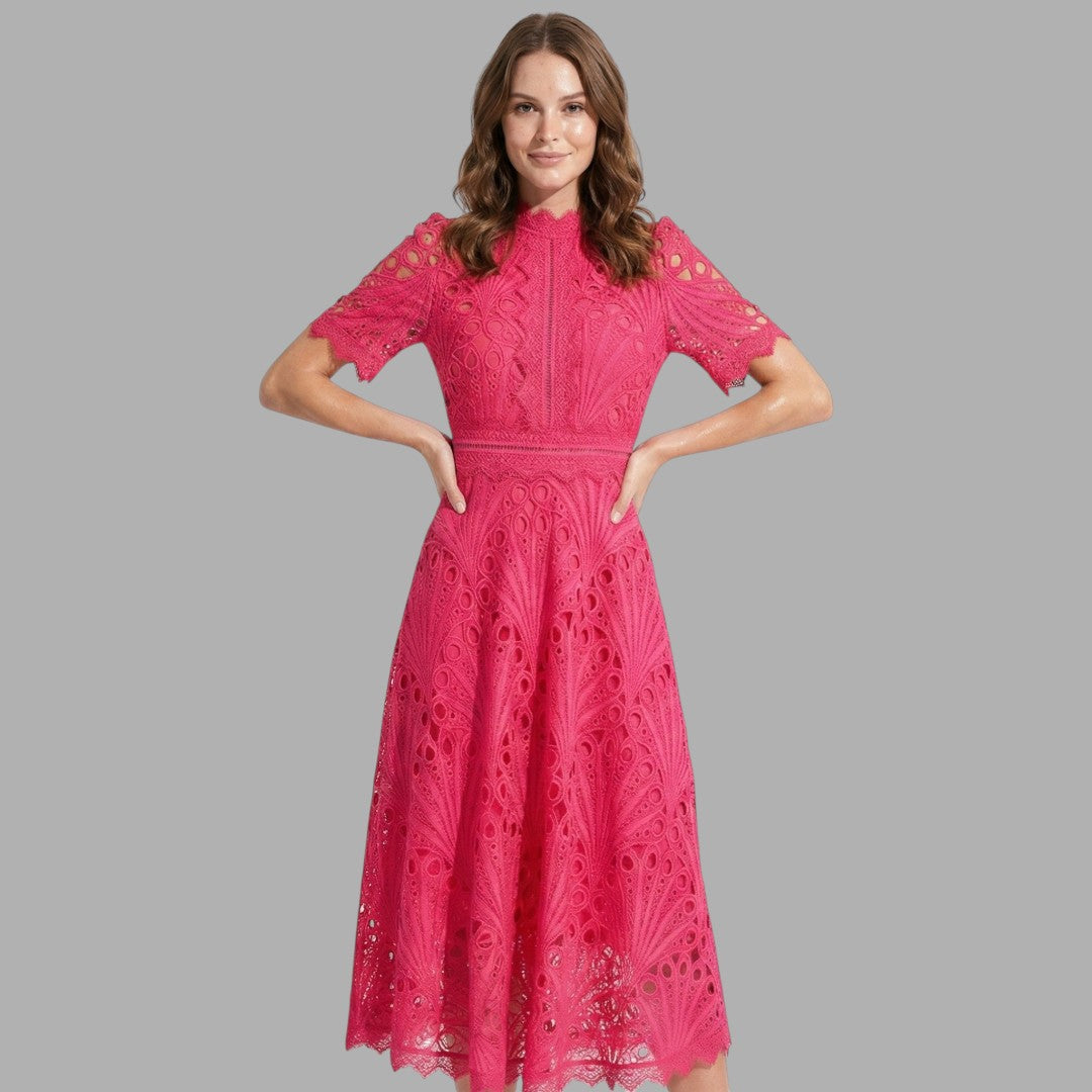 Elegant women's pink lace midi dress, high neck, short sleeve. Perfect for formal special occasions & evening wear.