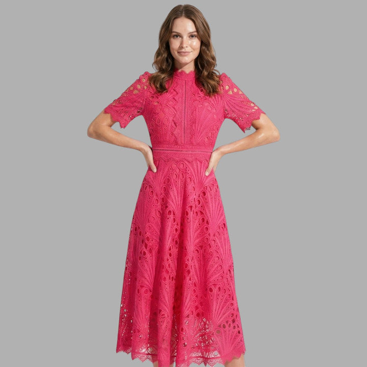Elegant women's pink lace midi dress, high neck, short sleeve. Perfect for formal special occasions & evening wear.