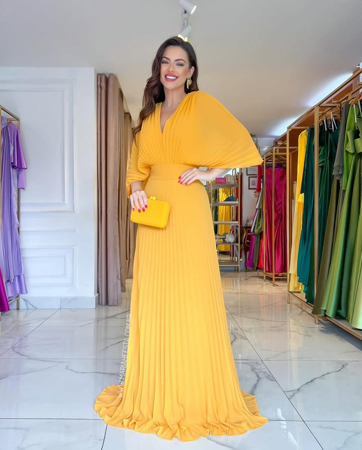 Elegant women's pleated batwing sleeve maxi dress, perfect for wedding guests & formal evening wear.