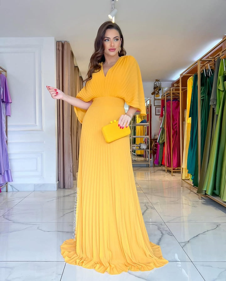 Pleated batwing sleeve maxi dress for women, ideal for wedding guests, formal events, and elegant parties.