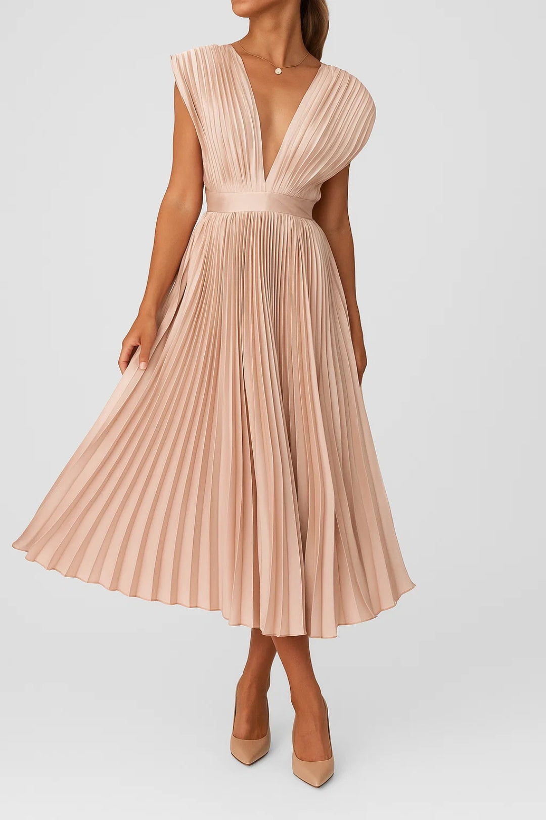 Elegant women's pleated deep V-neck midi dress, perfect for wedding guests, cocktail parties, or formal events.