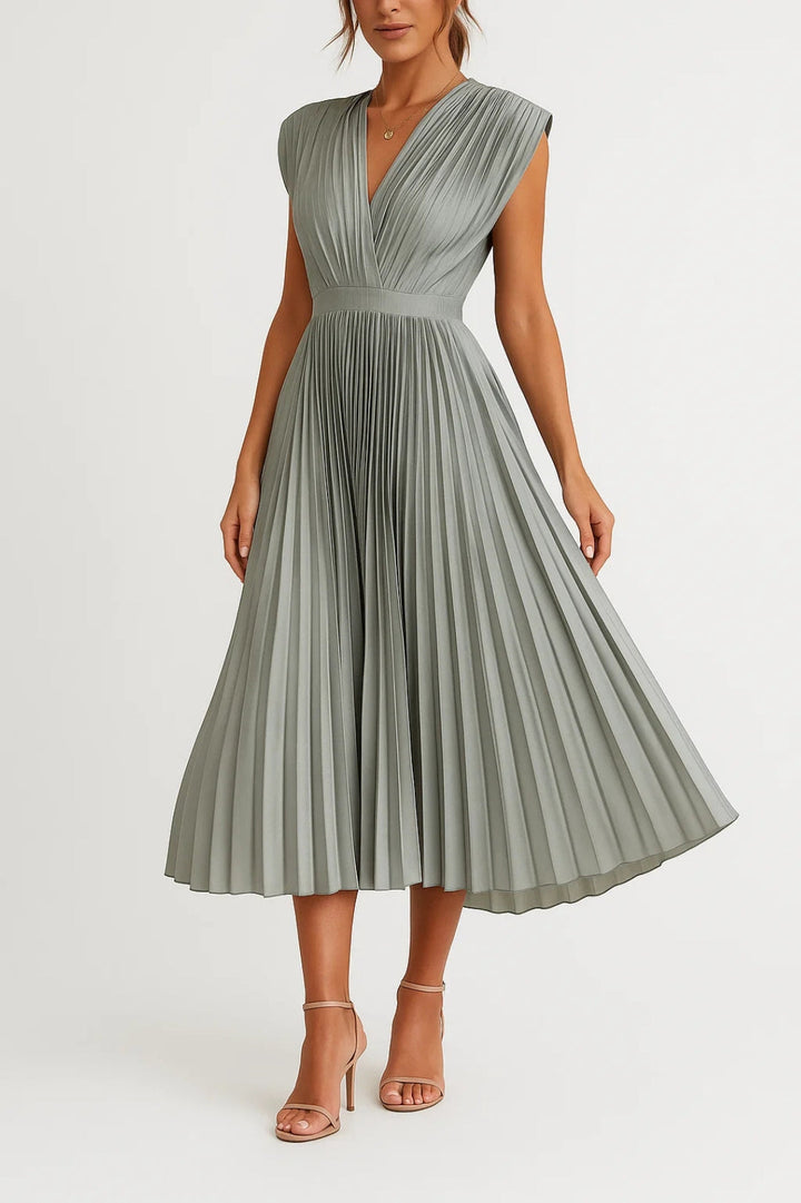 Sophisticated women's pleated V-neck midi dress, ideal as a wedding guest outfit or elegant party dress.