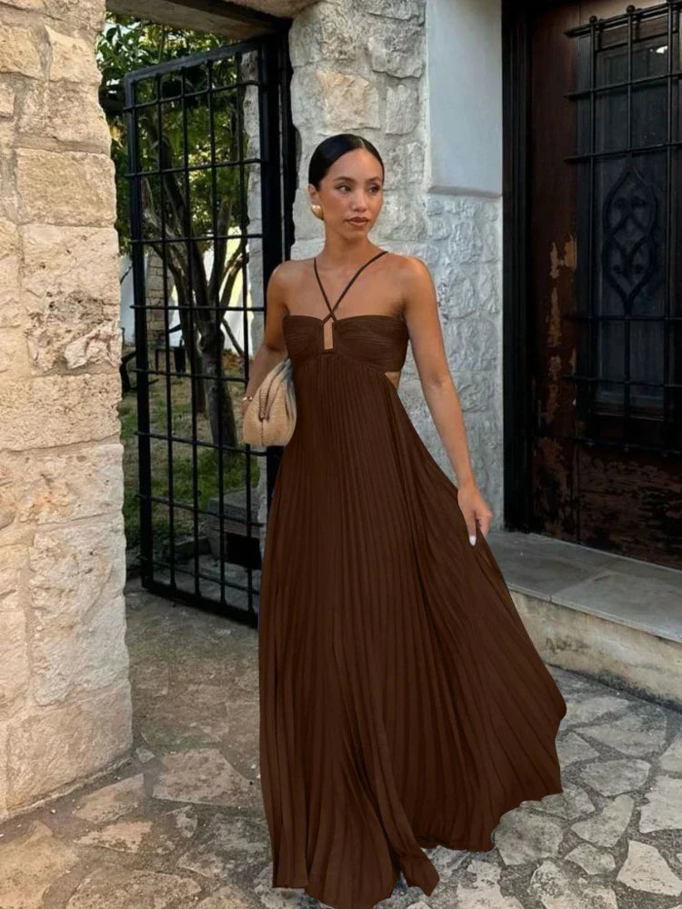 Elegant women's pleated halter maxi dress, perfect for wedding guests & formal evening events.