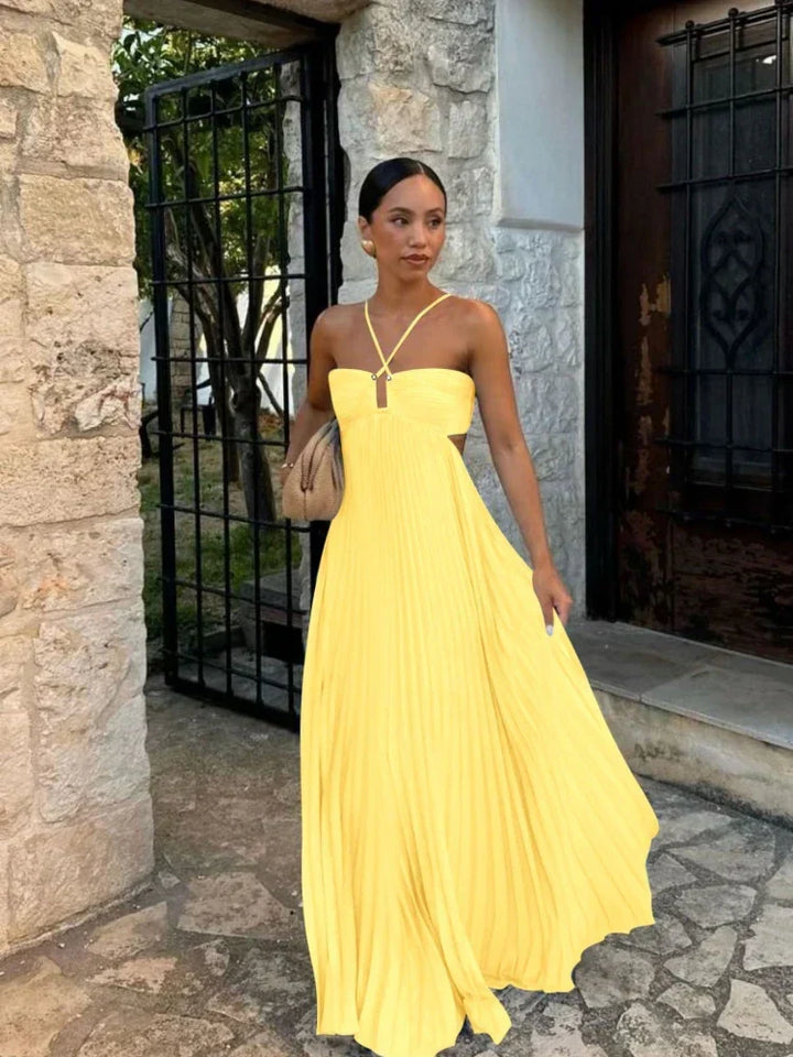Flowy sleeveless pleated halter maxi dress for women, with elegant design suitable for special occasions.