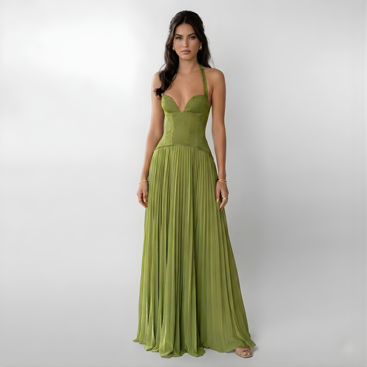 Elegant women's pleated halter maxi dress with an open back, perfect for formal events & wedding guests.