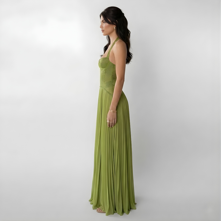 Sophisticated flowy halter maxi dress for women, featuring elegant pleats & a charming open back design.