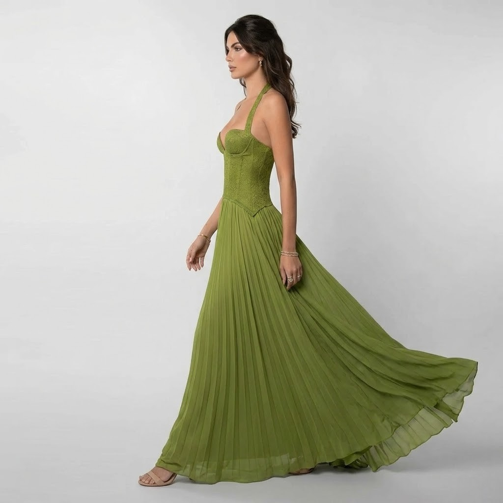 Green pleated halter maxi dress for women, an elegant open-back gown ideal for summer parties & vacations.