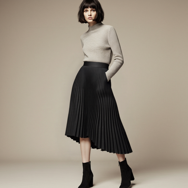 Stylish women's high-waisted midi skirt with elegant pleats. A versatile and chic fashion piece.