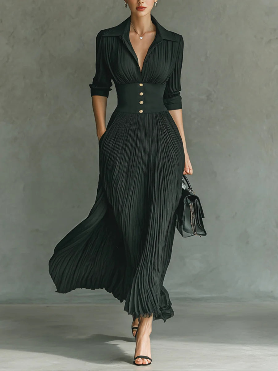 Elegant women's pleated lapel maxi dress with a stylish belted waist, perfect for formal events.