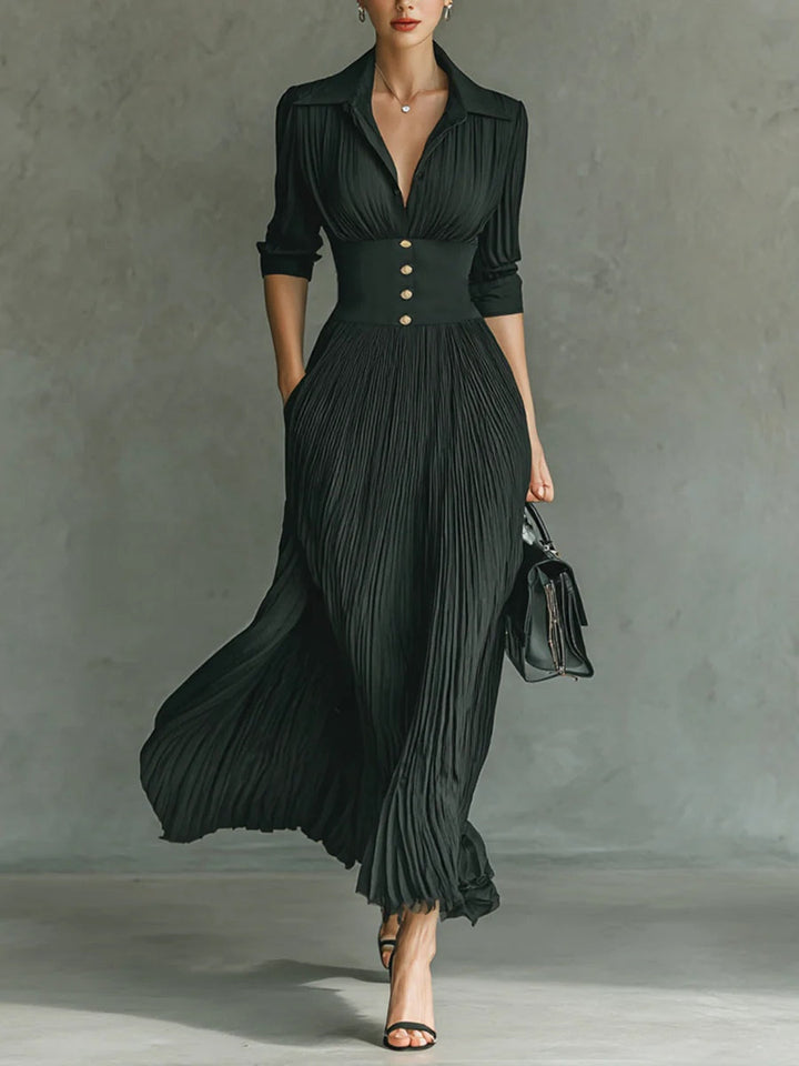 Elegant women's pleated lapel maxi dress with a stylish belted waist, perfect for formal events.