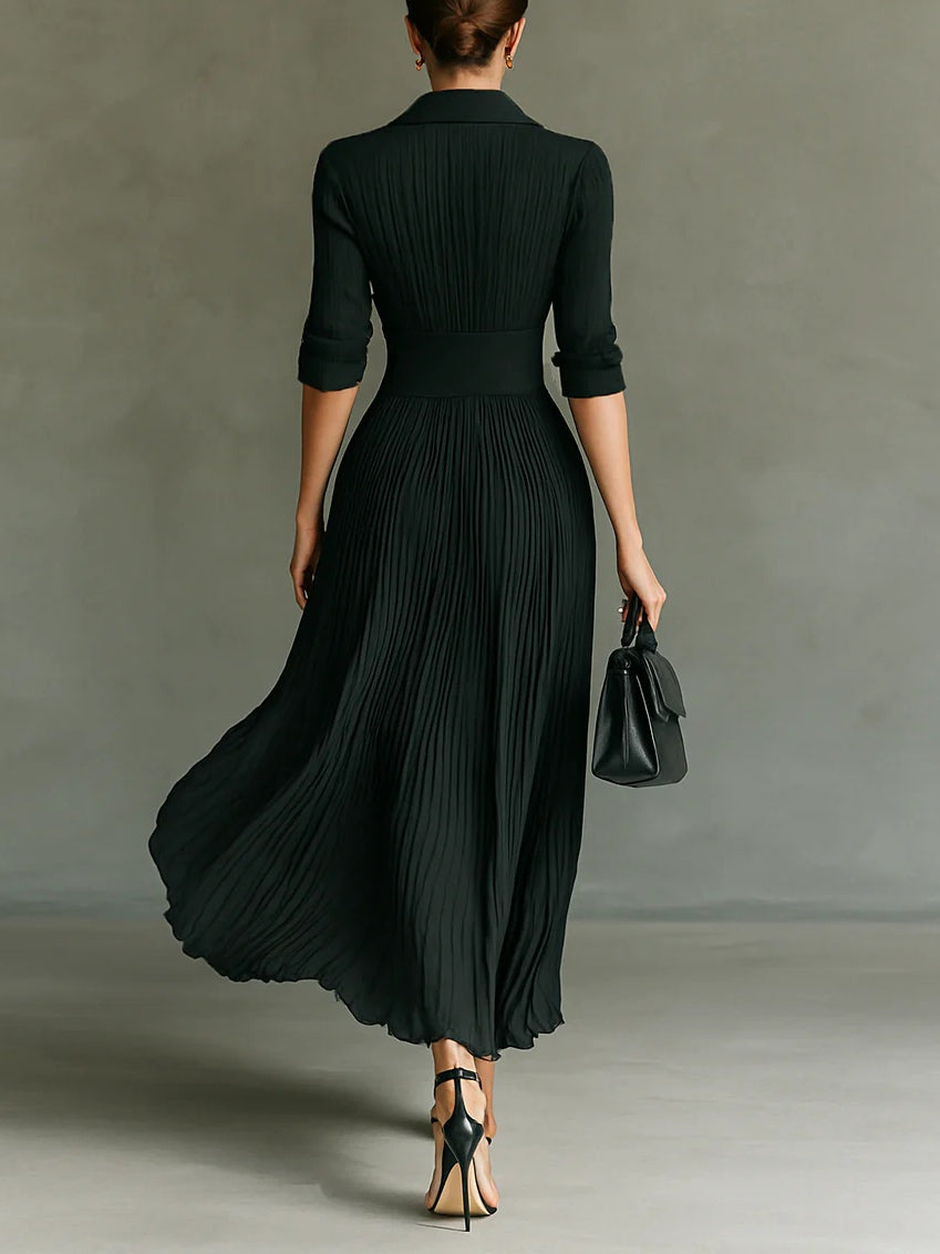 Chic long sleeve pleated maxi dress for women, featuring a lapel collar & belted waist. Ideal for evening wear.