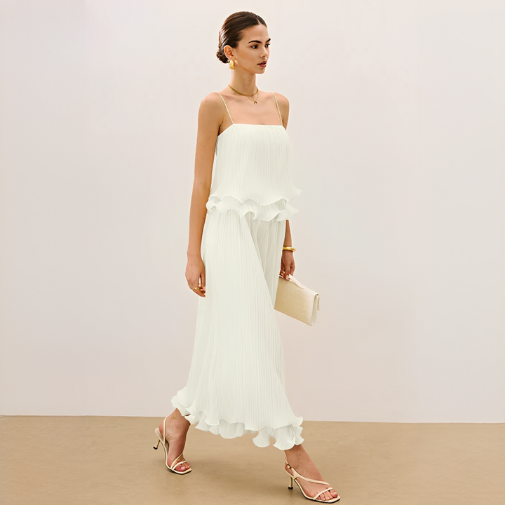 Women's elegant pleated maxi co-ord set: square neck top with spaghetti straps and ruffle detail. Chic two-piece.