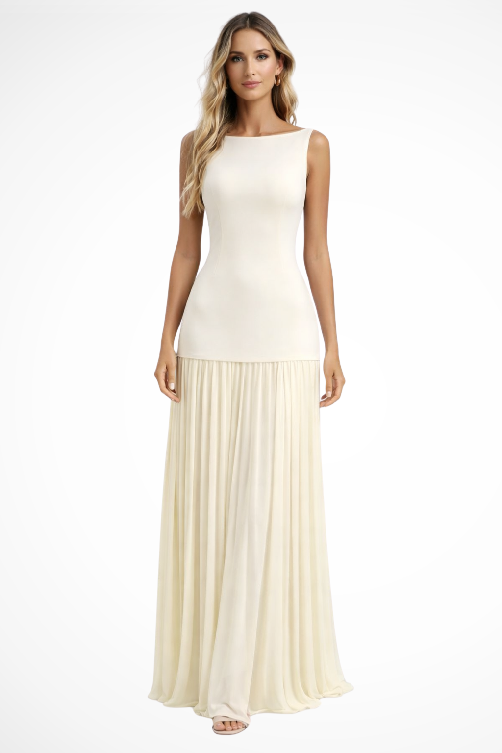Elegant women's pleated maxi dress for evening events, perfect as a formal gown or wedding guest attire.