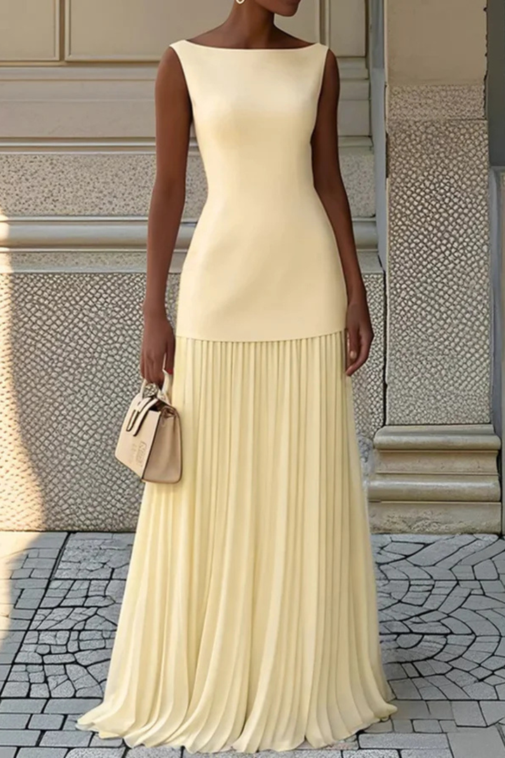 Sophisticated women's pleated maxi dress, an elegant sleeveless evening gown for formal and special occasions.