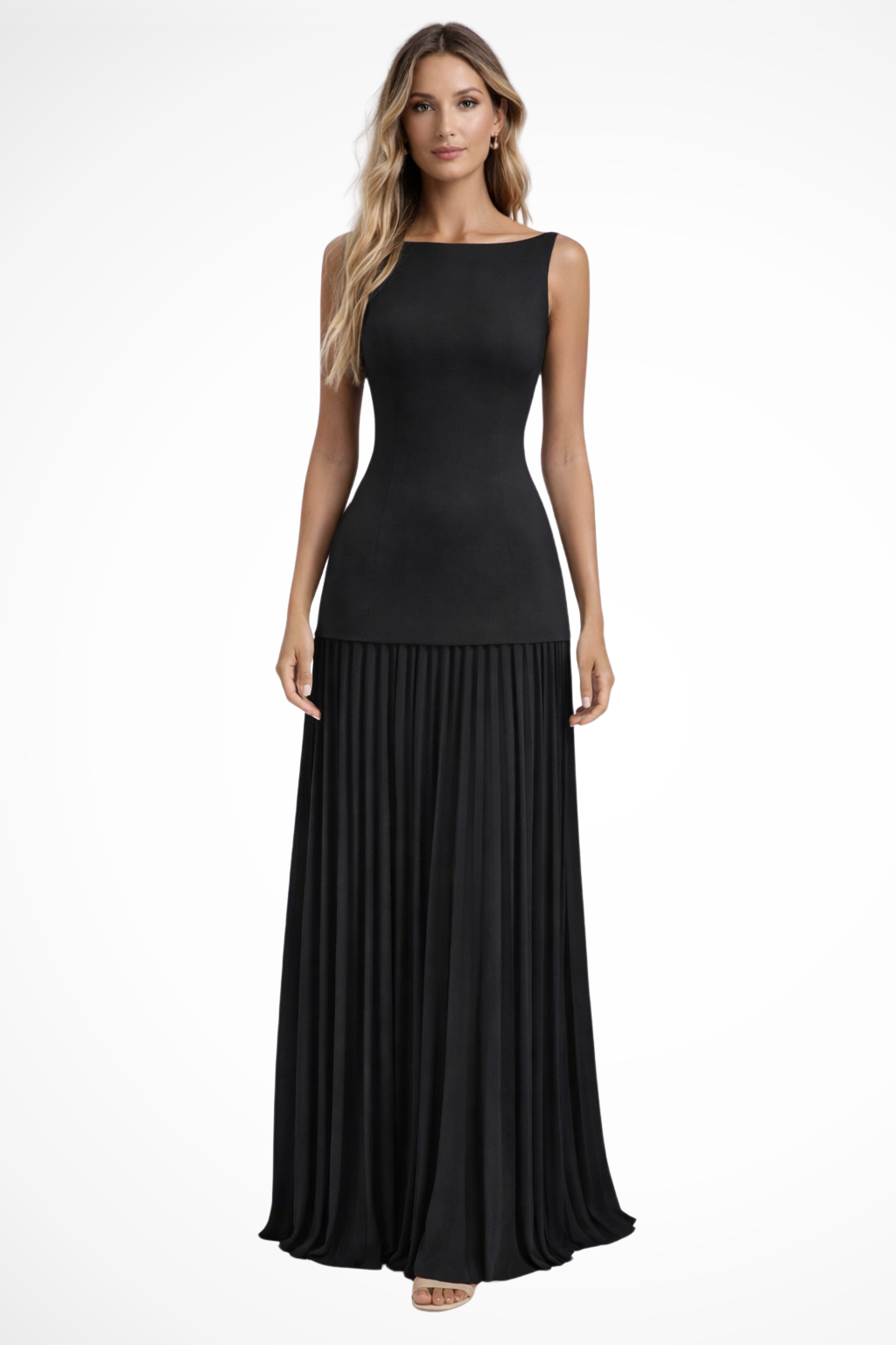 Sleeveless pleated maxi dress, elegant women's evening gown for special occasions and formal wear.