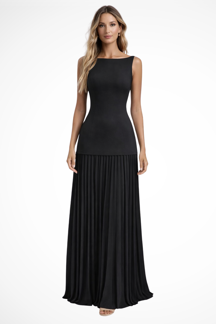Sleeveless pleated maxi dress, elegant women's evening gown for special occasions and formal wear.