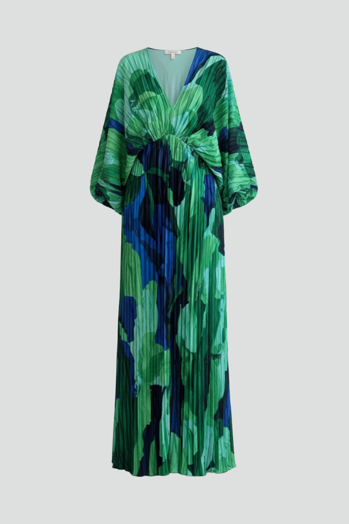 Elegant women's pleated maxi dress with a flattering V-neck and stylish side slit, perfect for evening wear.