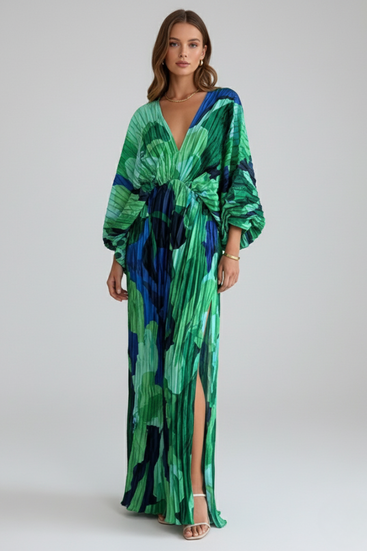 Comfortable women's long pleated maxi dress with V-neck & side slit for spring, summer, and vacation fashion.
