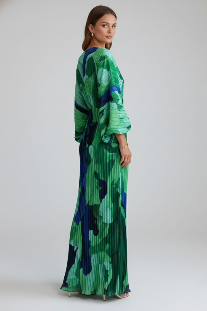 Beautiful women's long pleated maxi dress, V-neck, and side slit design. Great for elegant spring/summer events.
