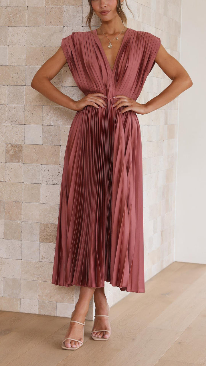 Elegant Women's Pleated Maxi Dress with Deep V-Neck, perfect for formal occasions.