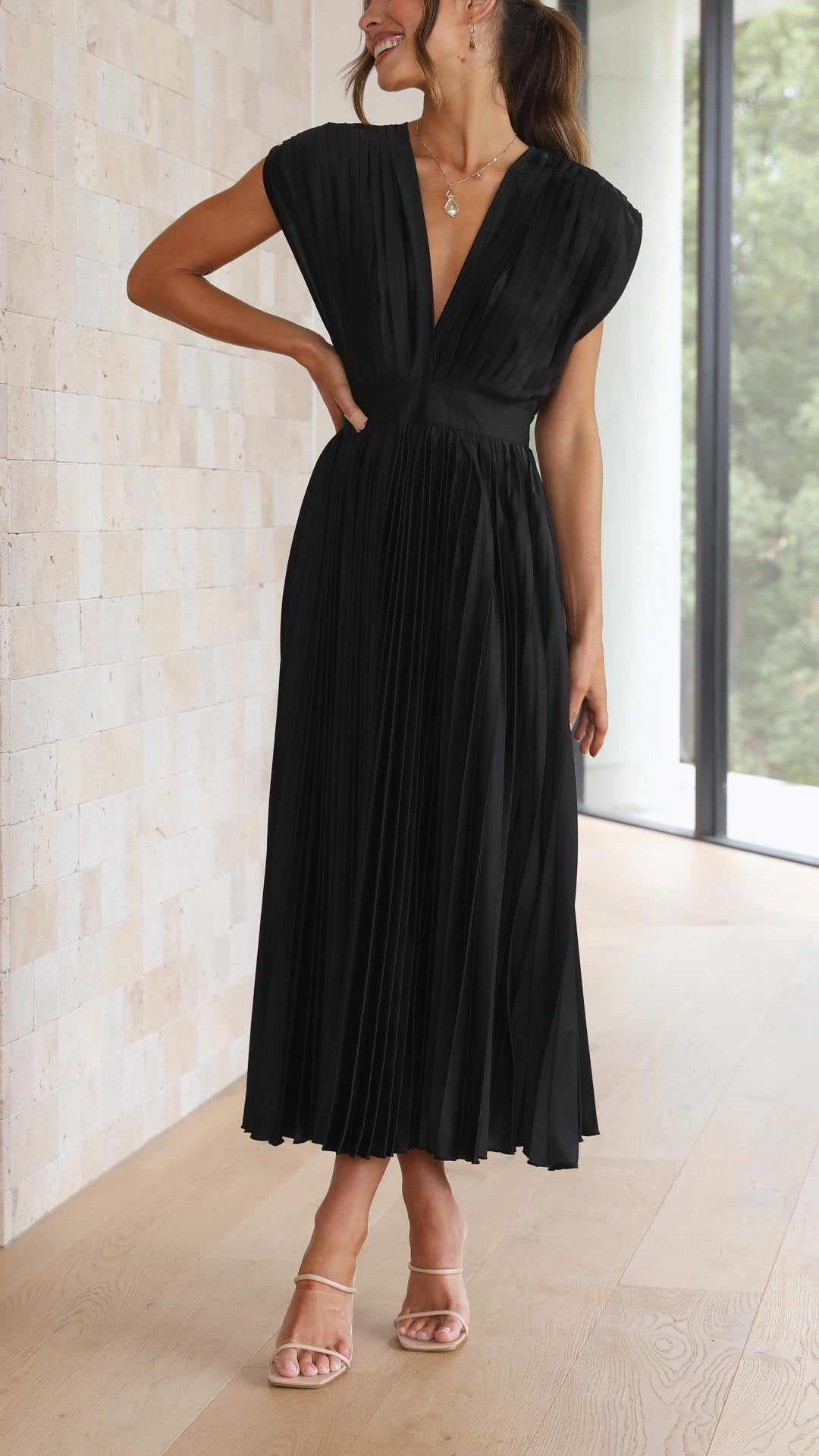 Elegant Evening Gown, women's pleated maxi dress with a beautiful deep V-neck.