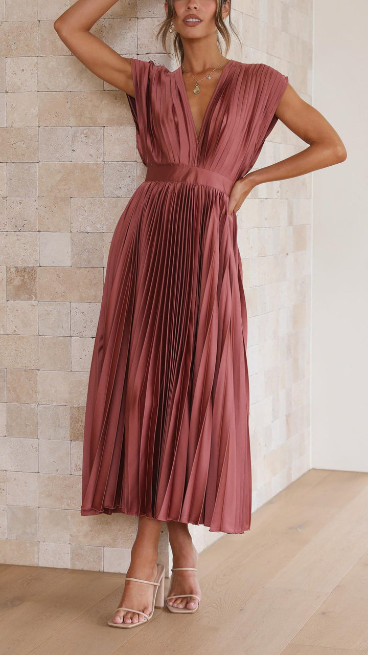 Women's Formal Maxi Dress, featuring an elegant pleated skirt and deep V-neckline.