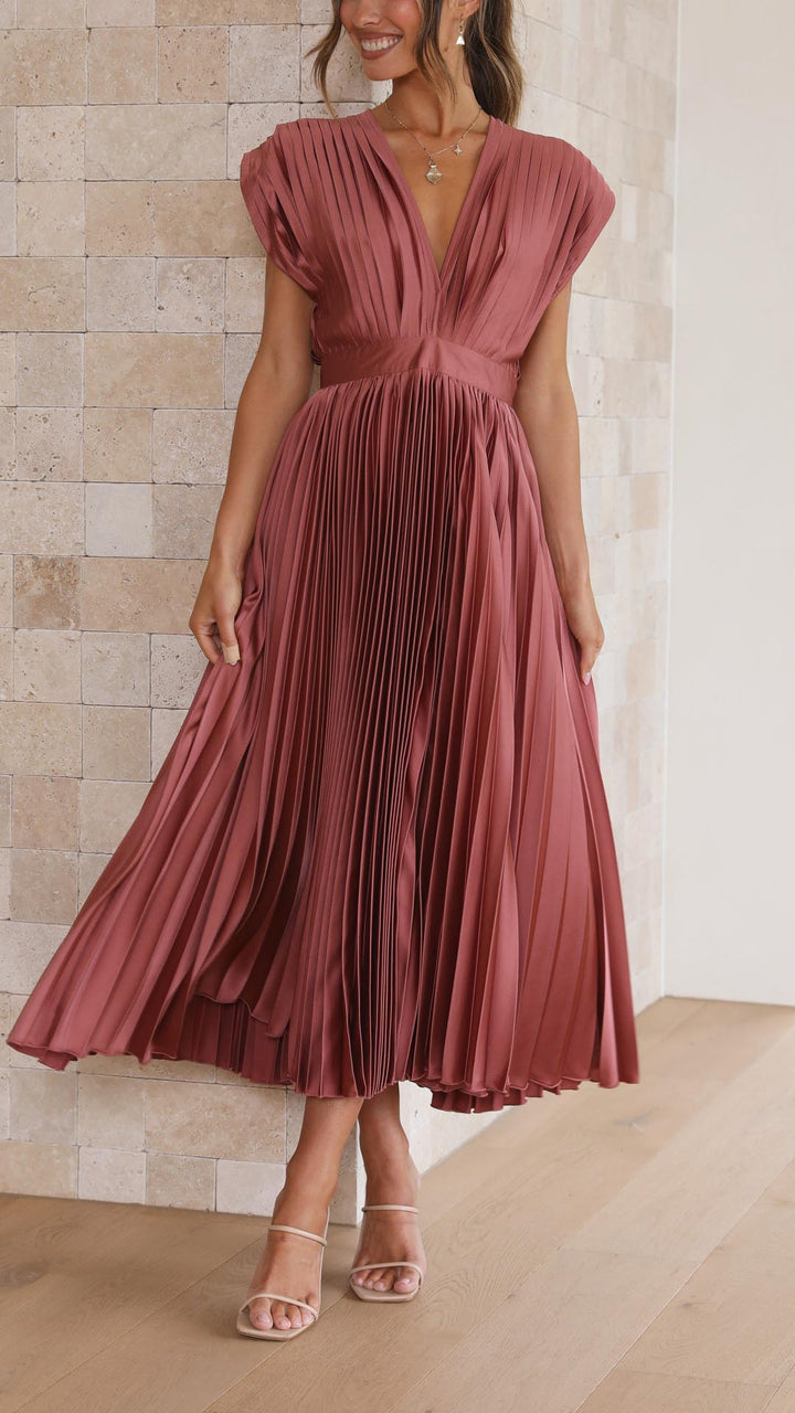 Deep V-Neck Pleated Maxi Dress for women, ideal as a wedding guest or cocktail dress.