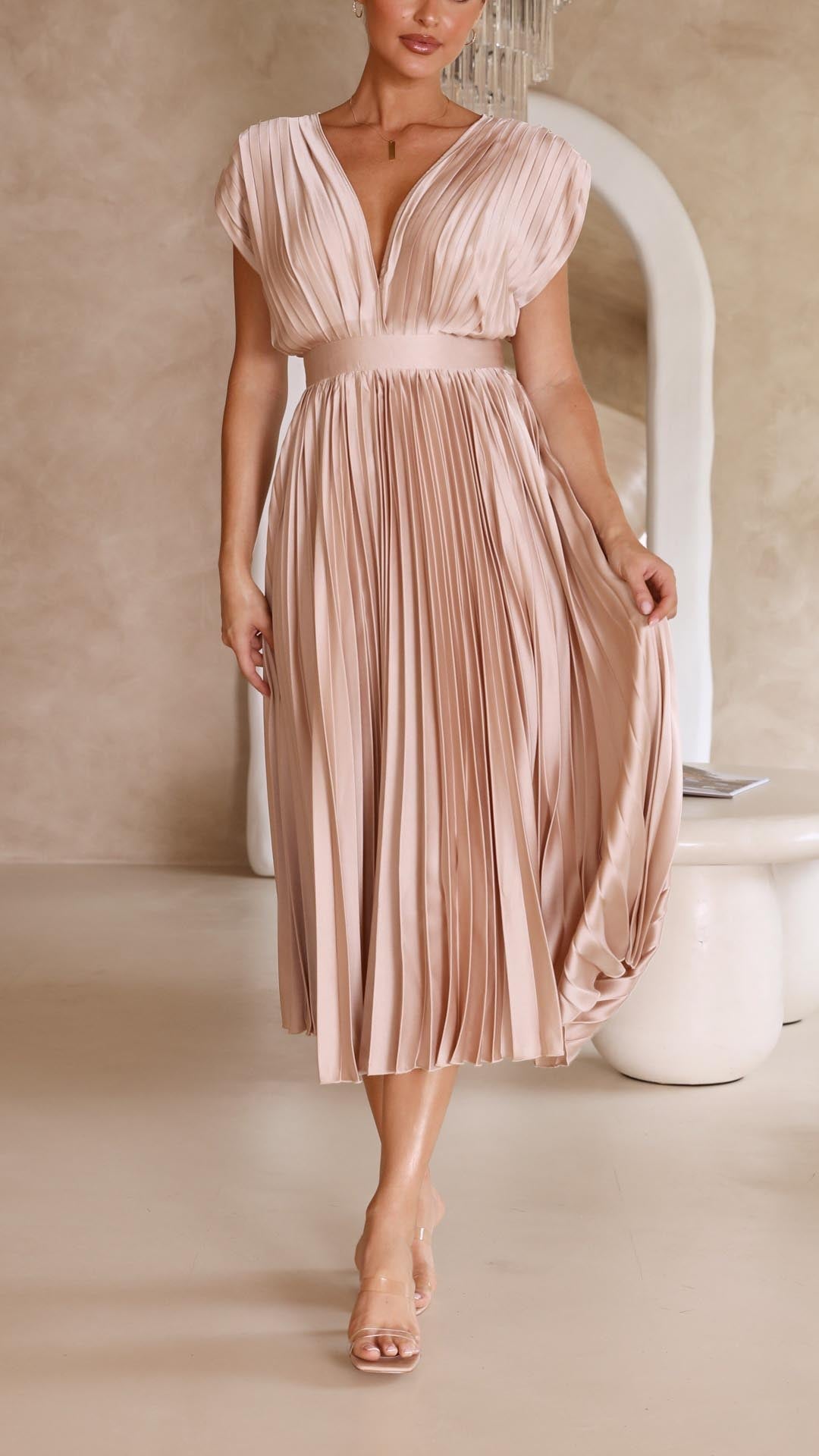 Chic Pleated Maxi Dress for women, deep V-neck, ideal for parties & special occasions.