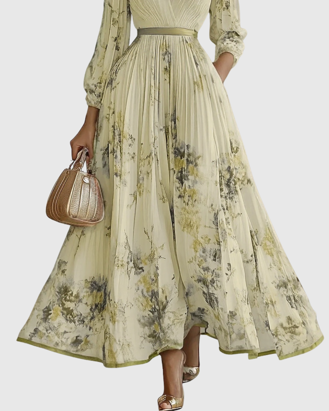 Stylish pleated maxi dress for women, long sleeves, V-neck, and versatile fashion appeal.
