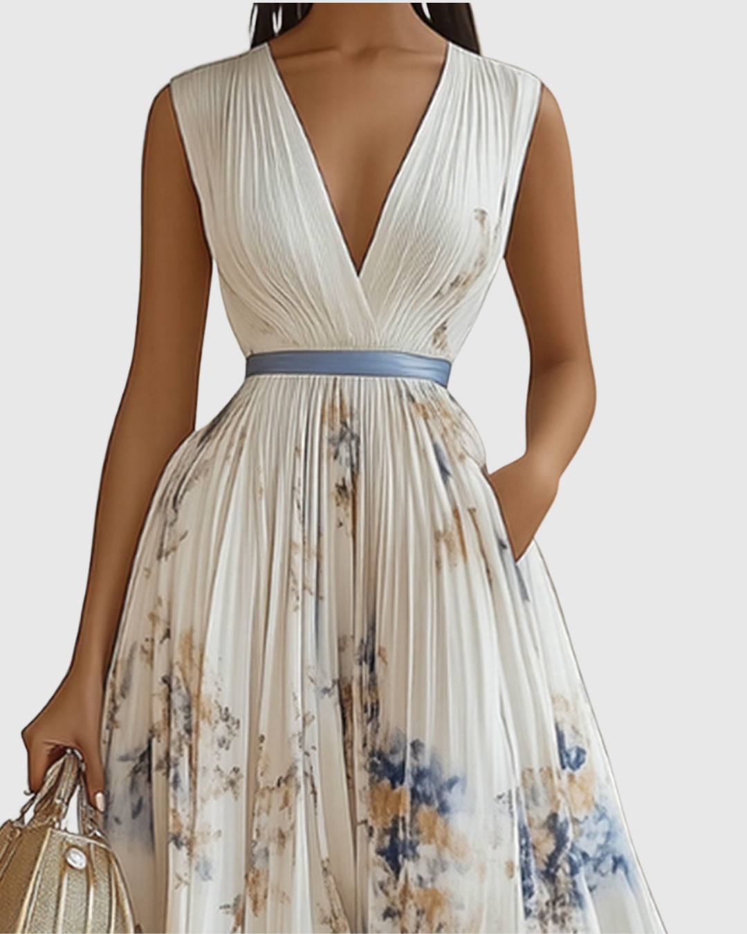 Floral print long sleeve maxi dress for women, featuring elegant pleats and a V-neck.