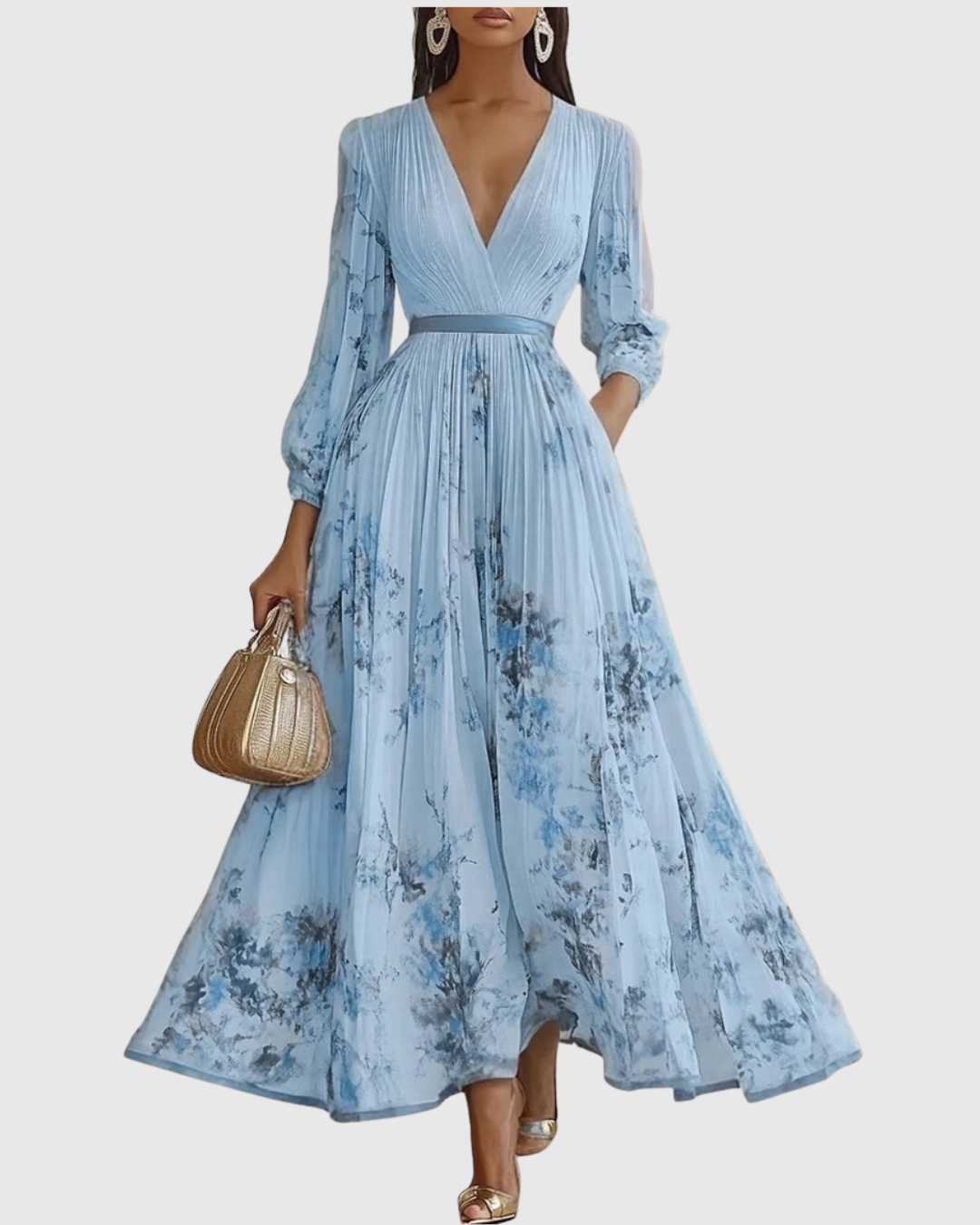 Women's fashion long sleeve maxi dress with delicate pleats and an elegant, flowy style.