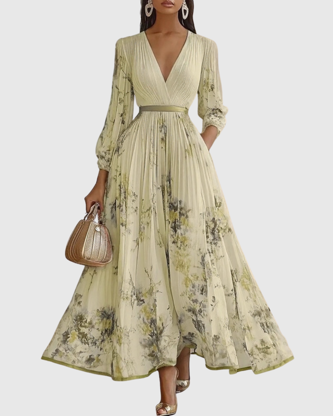 Elegant women's occasion dress: pleated maxi length, long sleeves, and a flattering tie waist.