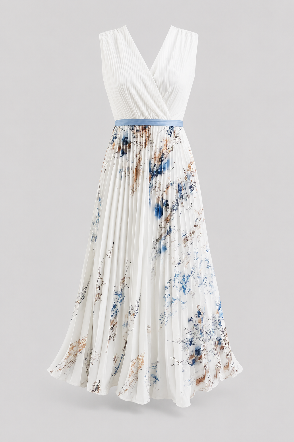 Elegant women's pleated maxi dress with V-neck & waist tie, perfect for summer events & parties.
