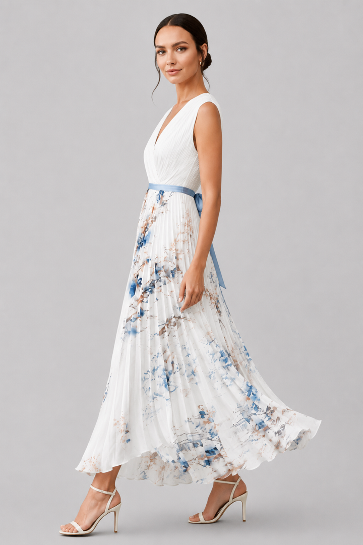 Stylish women's sleeveless pleated maxi dress with a deep V-neckline and self-tie waist detail.