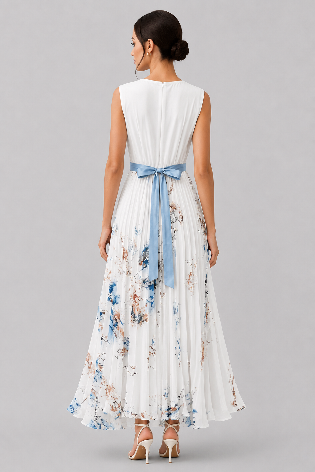 Graceful pleated maxi dress for women, elegant V-neck design, with a cinching waist tie for shape.