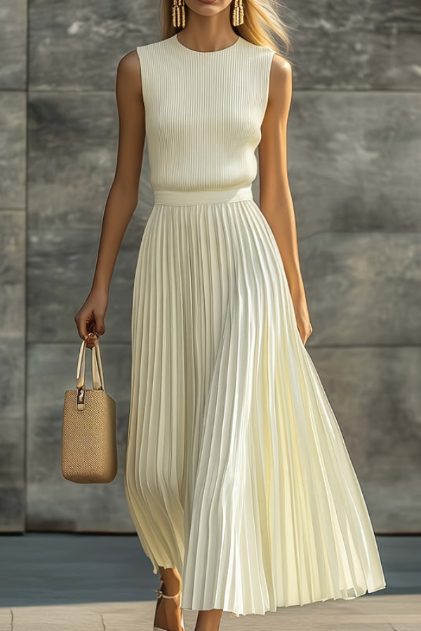 Elegant women's pleated midi dress, sleeveless, flowing style for summer and versatile fashion.