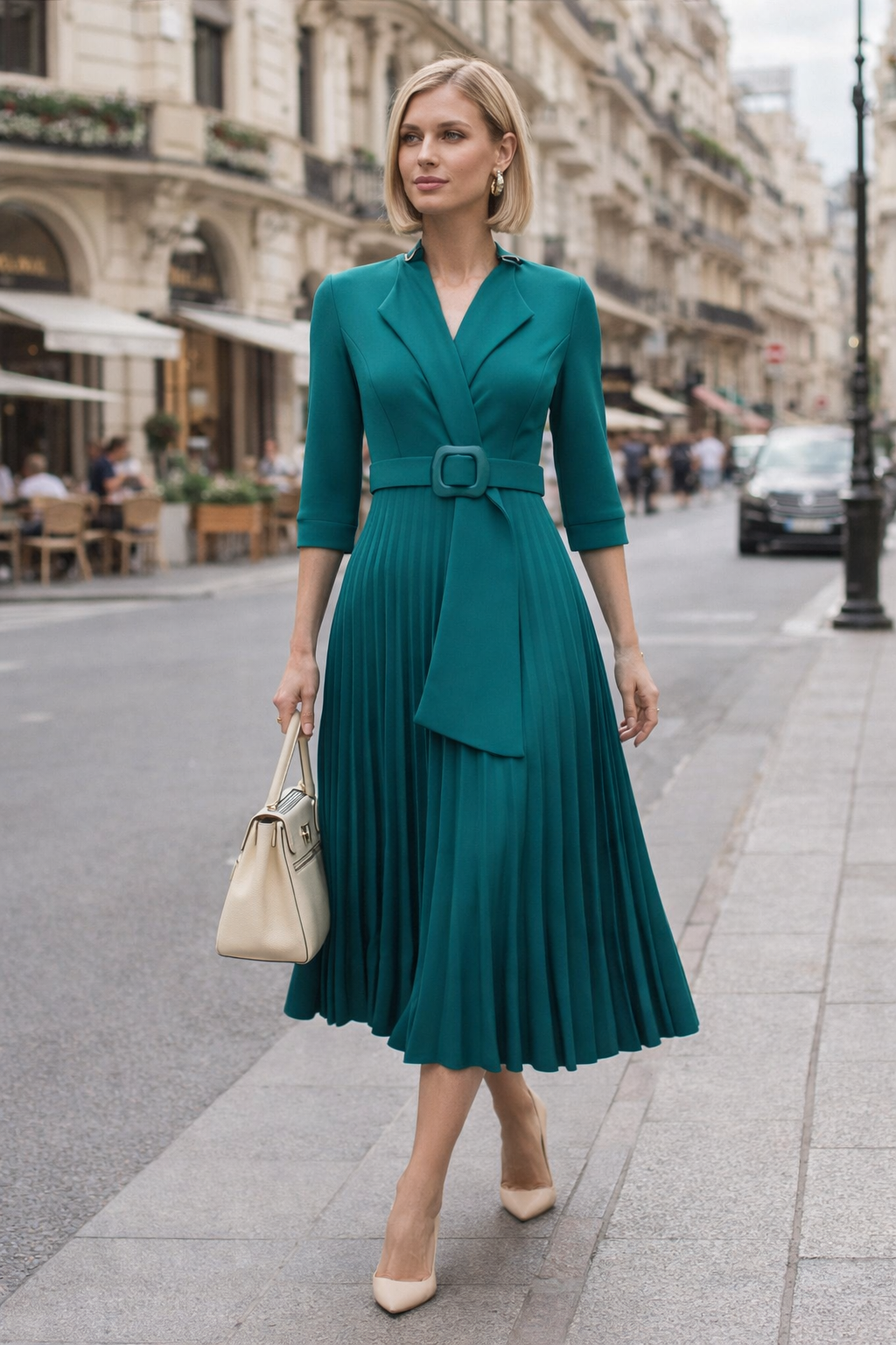 Elegant women's pleated midi dress with a flattering waist, perfect for parties or office wear. Features a stylish V-neck.