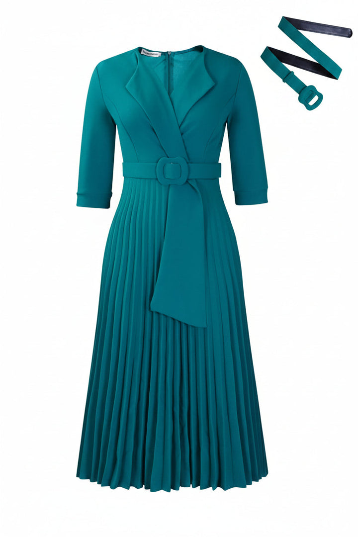 Stylish V-neck pleated midi dress for women, A-line silhouette, elegant & comfortable for office, party, or formal events.