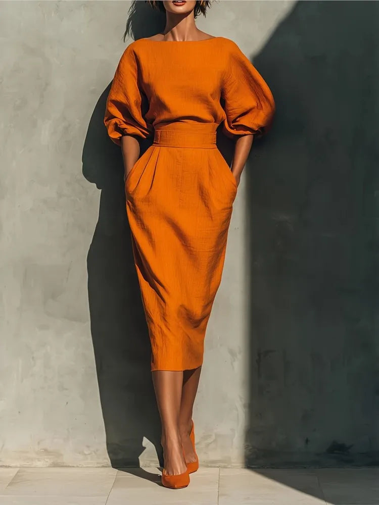 Elegant women's pleated midi dress with lantern sleeves & cinched waist, perfect for office or special occasions.