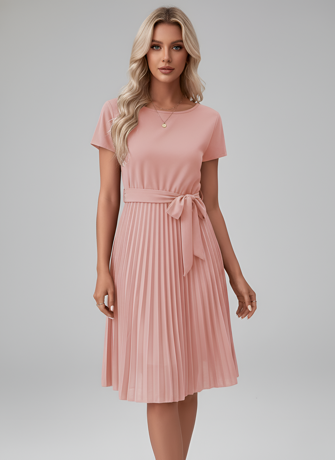 Comfortable women's short sleeve pleated midi dress featuring a stylish belt for a flattering silhouette.