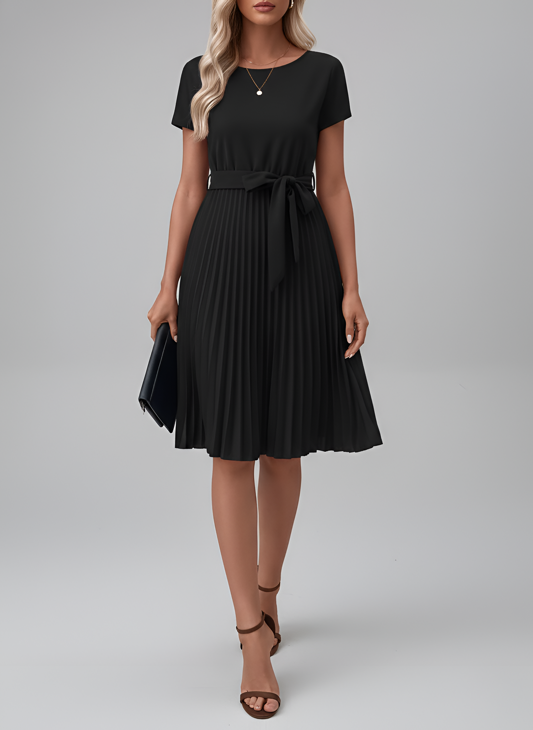 Versatile women's pleated midi dress with short sleeves and a belt, suitable for work, casual, or elegant events.