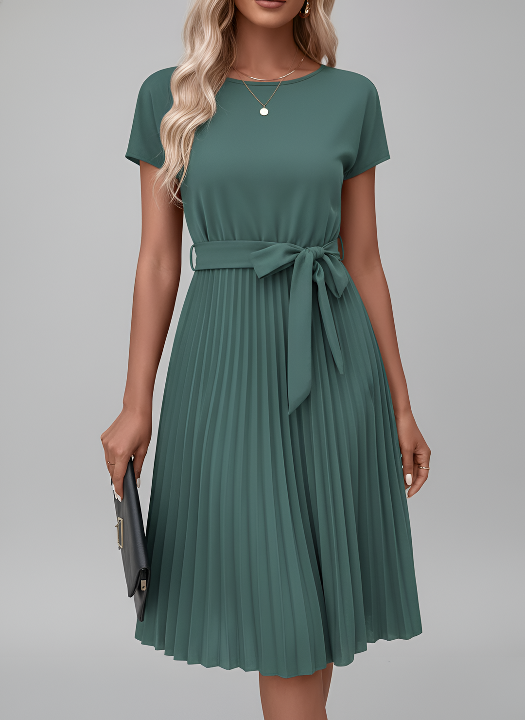 Spring/Summer women's short sleeve midi dress. Features elegant pleats and a matching belt for definition.