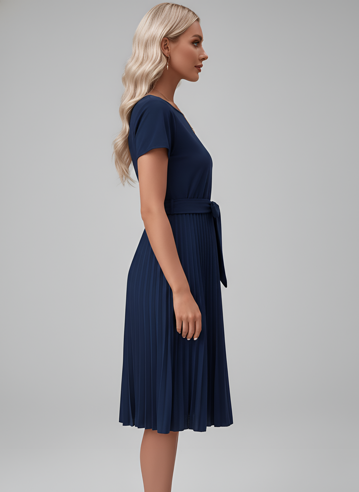 Women's elegant short sleeve midi dress, featuring stylish pleats and a defining belt for a polished look.